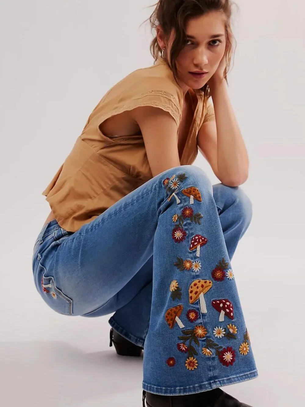 NEW Free People x Driftwood Farrah Embroidered Flare Jeans Mushroom 32